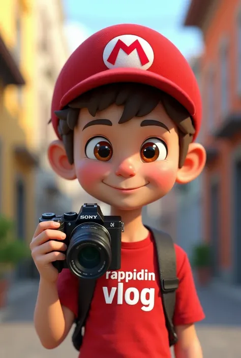 Animated boy wearing a Mario Bross cap, with brown eyes, with Sony camera in my hand and the t-shirt that has Rappidin Vlog written in red color white shirt