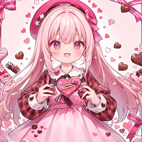 small girl, looking at the viewer with a big smile, pink and brown checkered dress, beret, holding a box of chocolates for Valentine's Day, neon colored hearts in the background, frame resembling a ribbon, picture resembling a gift box