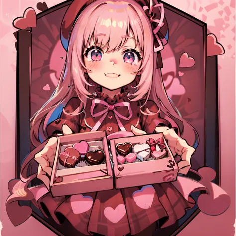 small girl, looking at the viewer with a big smile, pink and brown checkered dress, beret, holding a box of chocolates for Valentine's Day, neon colored hearts in the background, frame resembling a ribbon, picture resembling a gift box