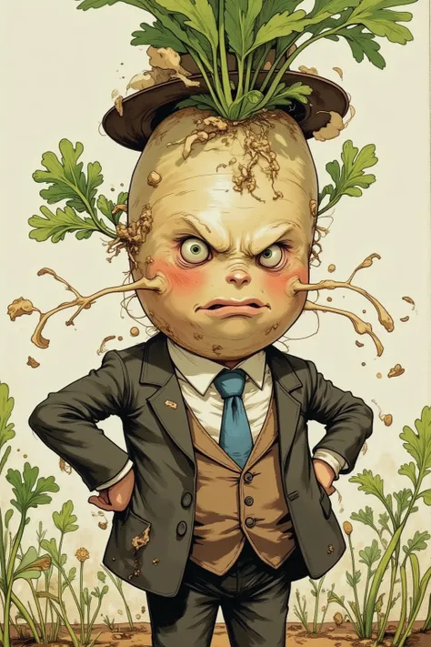 Close up of a radish wearing a suit and hat, Big round face, comics,Gonzo, muppet punk, short tie, angry,  into one eye,Daikon in style , Posing with both hands in the suit jacket ,白い背景に描いた comicsスケッチ,Gonzo,muppet punk, Daikon sprouts from the ground fill ...