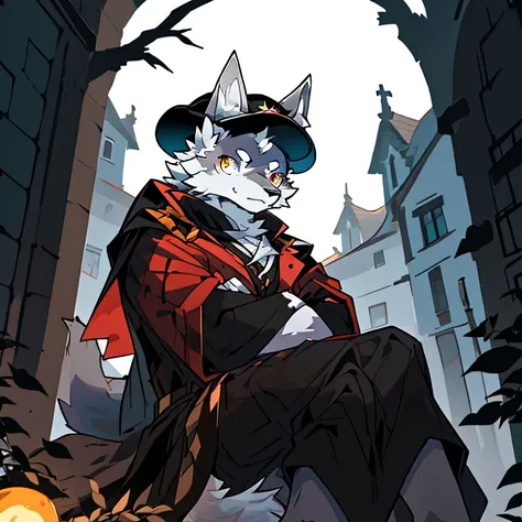 top-quality，best qualityer，rzminjourney，High quality illustrationtiz，tmasterpiece）（komono，furry anthro），round form，(Boy white humanoid wolf:1.2), sharp gaze，Super detailed illustration，solo person，Dark night，Dark streets, black captain hat, scar on nose, f...