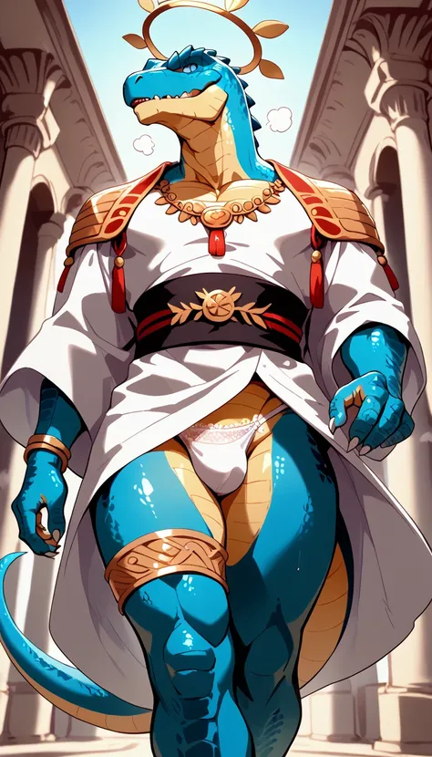 Highest quality、perfect anatomy,((Anthropomorphic male Lizardman in white thong panties)),lace panties,Furry、Lizard head、Lizard tail,Gay、ancient greek style white robe、Fantasy、White Breath、crotch close-up、angel halo,anime style,slit blue eyes,gold laurel w...