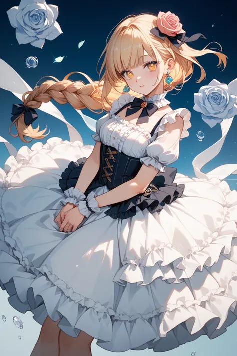 
hair　White long braid on the left side
Pinkish orange pupils have flower lashes
clothes　Lolita, lots of frills, lots of ribbons  
　　The skirt is short
thick heel shoes
 The thick bottom part is transparent and there is a rose inside
garnished　 I have a ro...