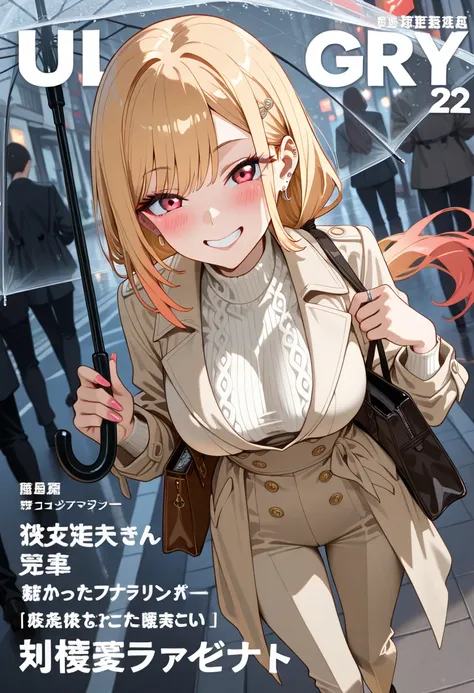 Marin Kitagawa, low ponytail secured neatly, with a decorative side hairpin holding back her bangs, blonde hair, light pink ombre hair, red eyes, earrings, multiple ear piercings, delicate gold earrings, fitted ice-gray French-sleeve ribbed knit top, elega...