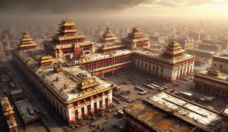 A huge Chinese military factory. it is executed in a traditional style. It has a lot of hangars. white walls. yellow roofs with red elements. The whole building is covered with red hieroglyphs. It is located in the center of a traditional Chinese city. war...