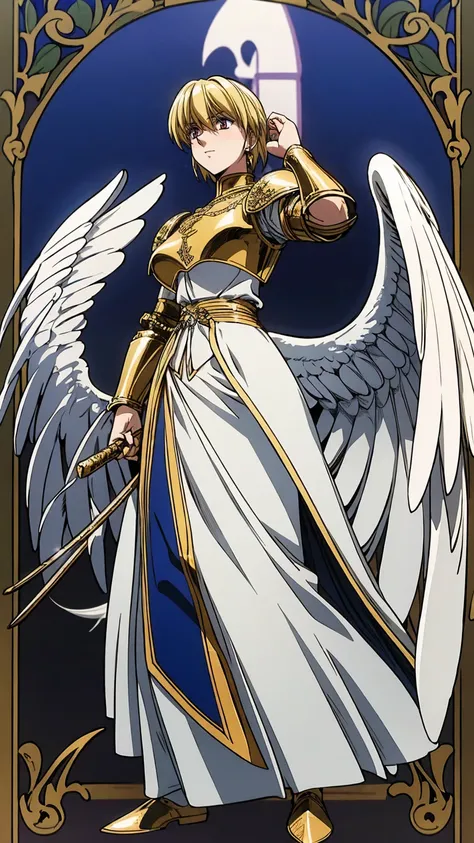 woman in her 20s、1 person、angelic、There are large white wings on the back、Has 6 wings、Swan wings、With a round face、round chin、Close-up of a woman in armor with a sword, Armor girl, female knight, big and full breasts、full armor, full armor, gorgeous female...