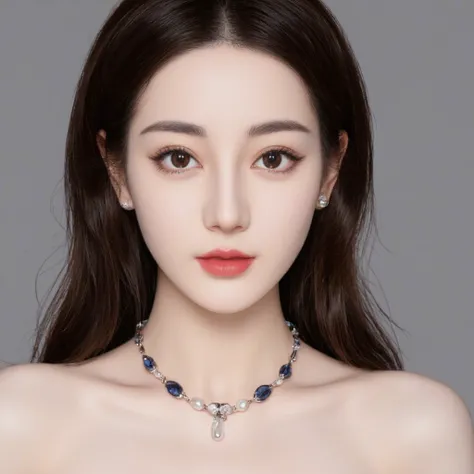 Ultra-fine， HD，Portrait of an extremely beautiful woman， facial portrait ，Clear skin texture，Double eyelids， big eyes，The left eyebrow is the same as the right eyebrow，((( with pearl earrings ， sapphire necklace ：1.5)))，(( front view))，Facial highlights，Po...