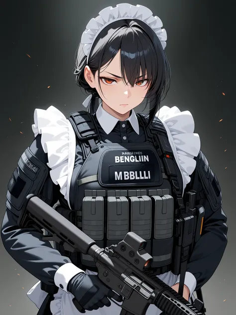 mature maid, black hair, bulletproof vest, tactical gear, maid uniform, serious looking,benelli m4, 
,masterpiece,best quality,amazing quality,