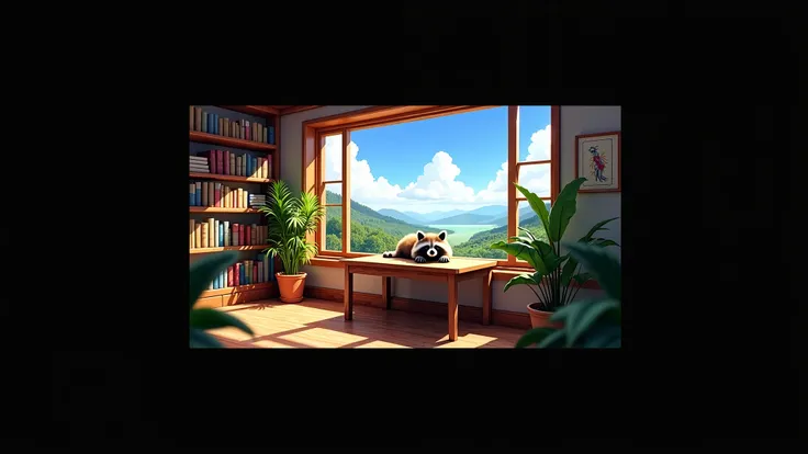 A cozy, sunlit study room filled with lush green plants, books, and a large wooden desk. The room features wide-open panoramic windows revealing a breathtaking nature view with a bright blue sky and fluffy white clouds. On the wooden desk, a fluffy raccoon...