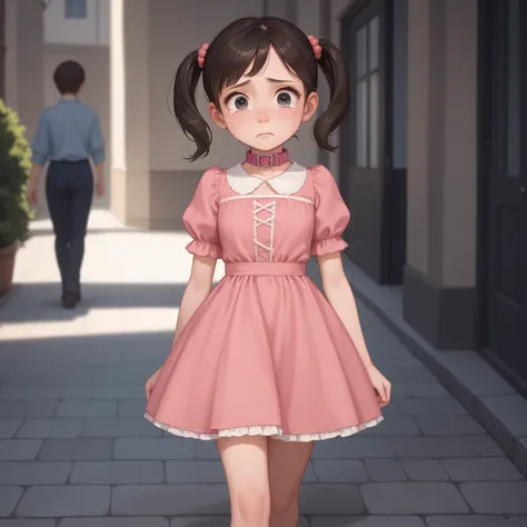 (pixar style) A cute (age 5, pig tails, sad, tears in eyes, pink dress with puffy sleeves and skirt, big sad eyes) is walking while holding her big fluffy cat (black and white, pink collar, trying to be patient) in a warm embrace, holding it under the fron...