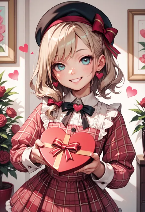 small girl, looking at the viewer with a big smile, pink and brown checkered dress, beret, holding a box of chocolates for Valentine's Day, neon colored hearts in the background, frame resembling a ribbon, picture resembling a gift box