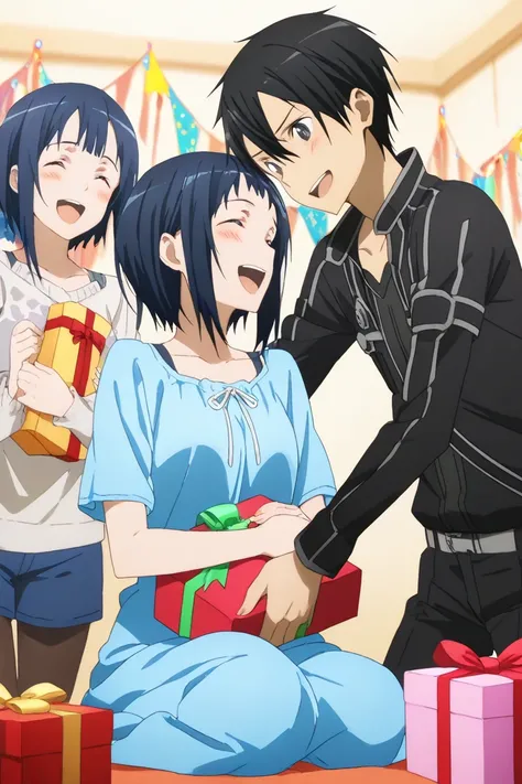 Sachi blue hair, laughing happily,  birthday party , gift, Kirito hugging Sacchi, couple