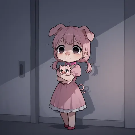 (pixar style) A cute (age 5, pig tails, sad, tears in eyes, pink dress with puffy sleeves and skirt, big sad eyes) is walking while holding her big fluffy cat (black and white, pink collar, trying to be patient) in a warm embrace, holding it under the fron...