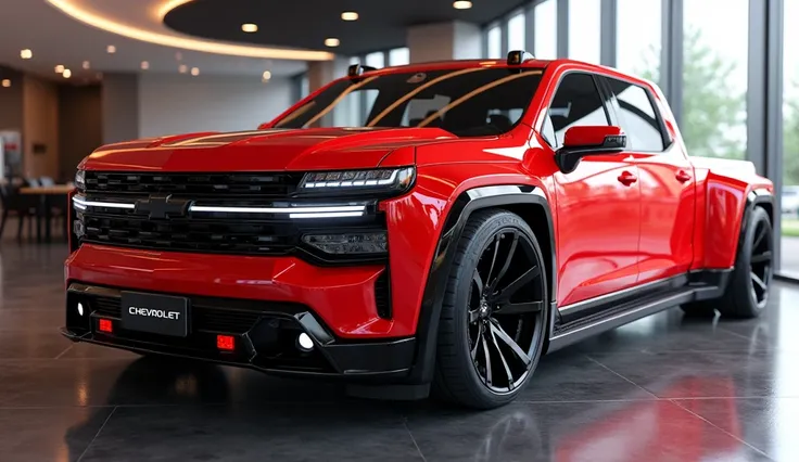 ultra-detailed 3D render of a modern 2026 
Chevrolet   Chevrolet Silverado Vintage pickup truck  with a bold and sleek limousine-like design, captured in a back bumper view view. The car is painted in a 'gleamy' red color, featuring a prominent ' 
 Chevrol...