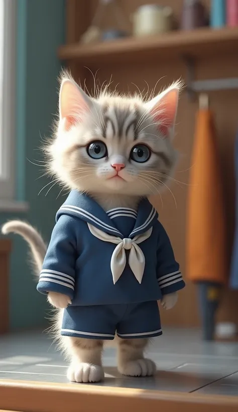 A kitten is standing inside the store  &#39;uniform,   realistic cat,   blue eyes,  Indonesia high school sailor uniform costume,    bright ,  nothing ,  Look,   Top Quality,  one cute girl, solo,  look, 