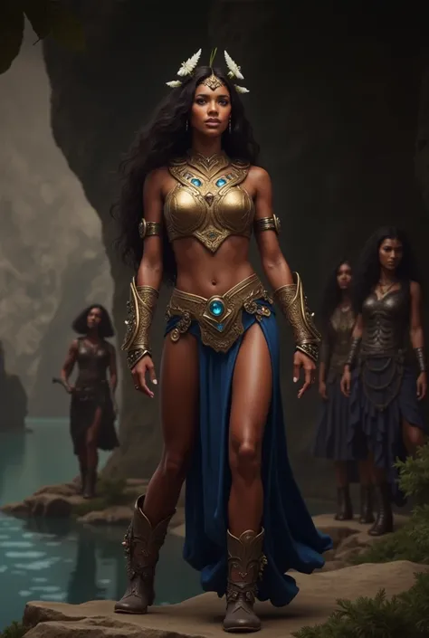 3 imposing black warrior with black hair The night is on the edge of a crystalline lake surrounded by mountains majestic and a lush forest. Her slender and powerful figure is highlighted by an ornamental costume : a gold metallic top with intricate designs...