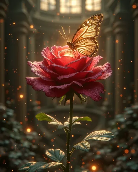 A single, most beautiful, magical, burgundy rose in the middle of an abandoned place, the rose spreads an aura of peace and love around, glowing with a soft golden glow. A big single most beautiful butterfly is resting on the rose. High Resolution, Masterp...