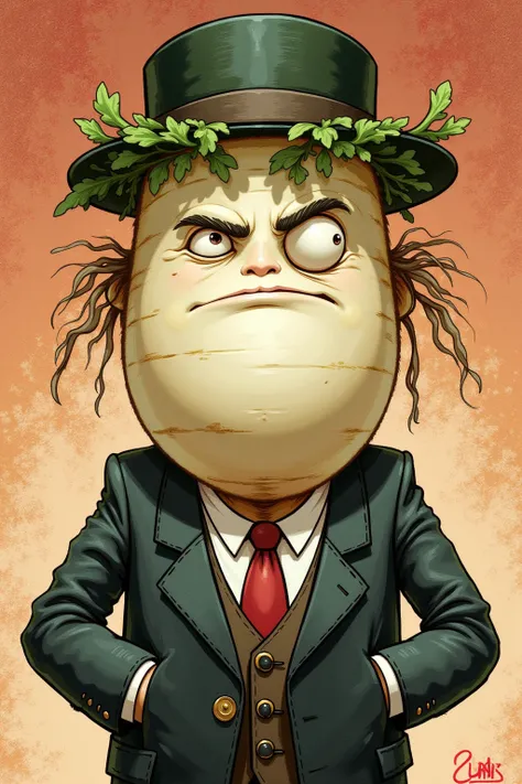 Close up of a radish wearing a suit and hat, Big round face, comics,Gonzo, muppet punk, short tie, angry,  into one eye,Daikon in style , Posing with both hands in the suit jacket ,白い背景に描いた comicsスケッチ,Gonzo,muppet punk, Daikon sprouts from the ground fill ...