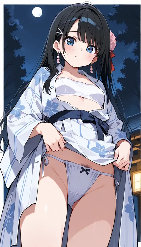 ( beautiful girl : 1.3), 1 girl,(yukata,White tube top bra, white loincloth , white sickle, earrings,pubic hair), black hair, long hair,smile, is bashful,blush,night, behind the shrine,forest, taken from below,masterpiece, top quality, ultra high resolutio...