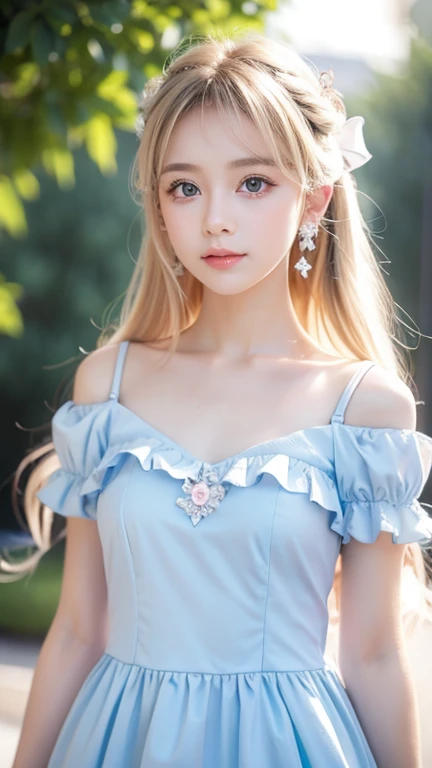 ( super detailed), Cute princess dress in white color,( frill dress),(Short sleeve),Extremely bright light blue big eyes in an incredibly bright baby blue, upper body、 close-up、face、( facing the front :1.2), 20 years old,  age girl,No tail,(No tail),2D,  M...