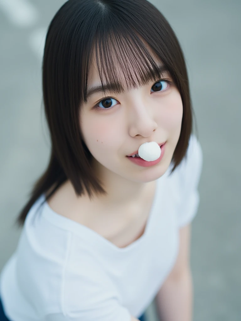 The high resolution photograph of a Japanese young female idol, intricate details, extremely detailed, sharp focus, solo, 1girl, straight long black hair with bangs, pale skin, detailed face, detailed eyes, sophisticated nose, (standing leaning forward, lo...