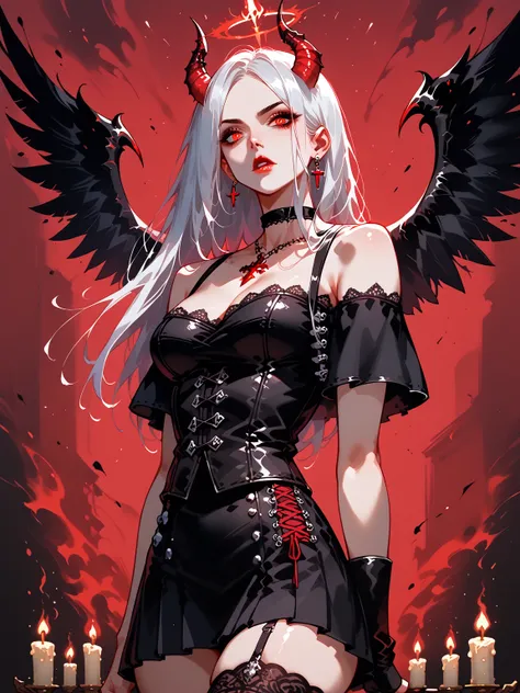 A dark fantasy character stands in a dimly lit, ominous setting, surrounded by flickering red candles. The character has short, white hair and striking red eyes, exuding an aura of power and menace. Two sharp, glowing red horns protrude from their head, ad...