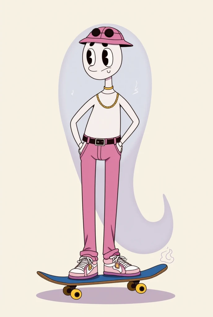  Create a ghost character in the style of the 1930s cartoons  (rubber hose), with modern streetwear clothes .  The character has a slender and translucent body ,  with long and flexible arms and legs ,  floating on Air with a smoke tail coming out of the b...