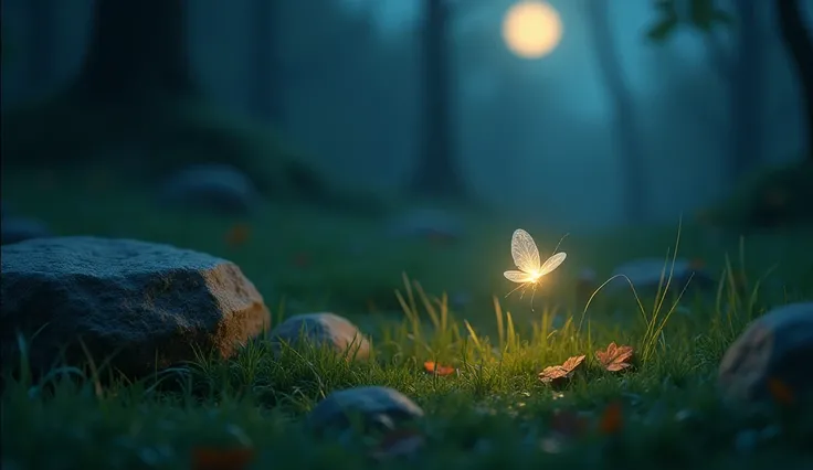 Meadow, shimmering with moonbeams,stone,some leaves on the ground,it's for a tiny firefly 