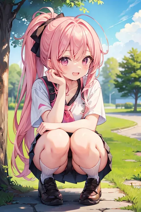 1 female, squatting, , white underwear,
 smiles,  miniskirt, pink hair,  open your mouth slightly, anime style, 10th Generation,Outdoors, ponytail