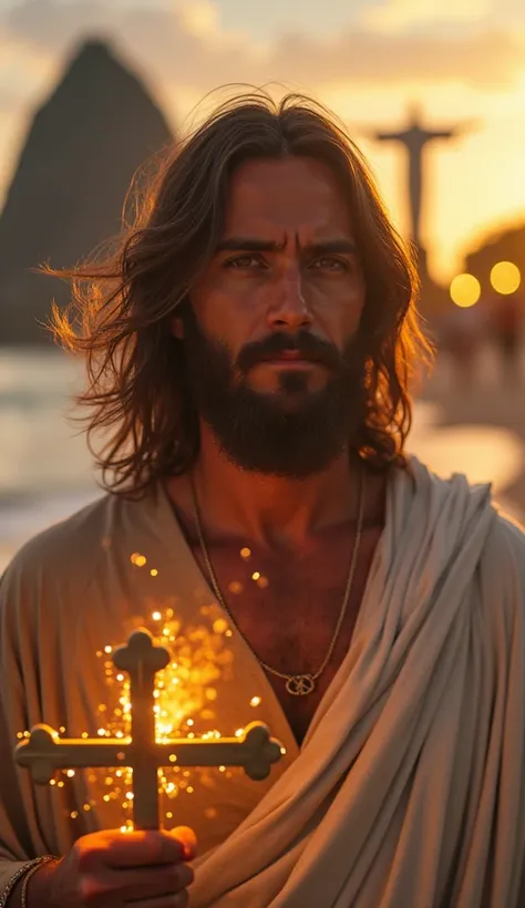  Close-up Jesus Christ determined look,  Hair in the Wind, tunica, Walking in the middle of Rio de Janeiro's sunburned beach, in your hands a cross of energy, Illuminated city and Christ the Redeemer in the background, realistic 8k image.