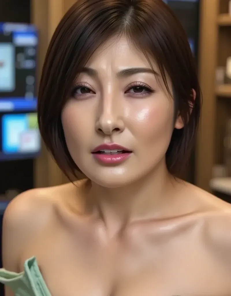   Age 25,  a beautiful female newscaster  、It's being broadcast in the studio  ,((Plea,Pleaする表情,Pleaの目 ))   The costume is a shirt with her chest wide open、 I can see cleavage 。 Her skin is sweaty , Shiny oily  。  the background is a studio set   ,(((low a...