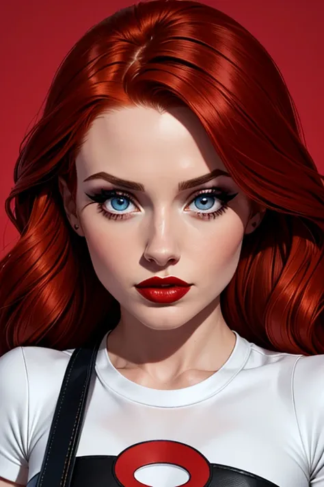 A beautiful woman whose facial features are a combo of Madelaine Petsch + Molly C. Quinn + Karen Gillan. The woman wears a white short-sleeve top and a black leather skirt and black high-heeled shoes. The woman has lovely makeup on her face. The woman wear...