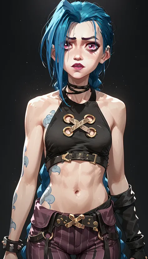 score_9, score_8_ upwards, score_7_ upwards, Jinx,  woman with blue hair and black top,  loose hair, without tails , leaking makeup , keeps his hands to his chest,  voluminous hair slim figure, black top,  tight striped pants ,, red and pink eyes ,  hair i...