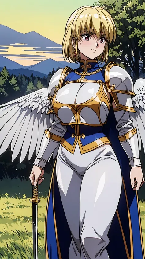 woman in her 20s、1 person、angelic、There are large white wings on the back、Has 6 wings、Swan wings、With a round face、round chin、Close-up of a woman in armor with a sword, Armor girl, female knight, big and full breasts、full armor, full armor, gorgeous female...