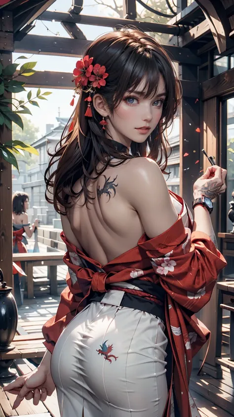  Masterpiece,  Top Quality,  top quality,  Official Art,  beautiful and aesthetic:1.2), 1 girl,  tattoo, Alone,  kimono, Red and black kimono,  hair ornament, unsheathing,   black hair, sheath, back  tattoo, dragon  tattoo,  blue eyes,  OFF SHOULDER,  shou...