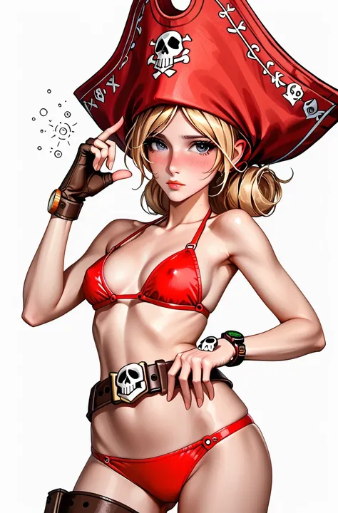 NSFW,(It's 1 ),(Emeralds:1.0),( slender body),( sad),real skin ,small breasts,  blonde, Super Detailed Black Eyes, lean in,(brown leather skull buckle belt:1.3),(Watch on wrist:1.5),(red pirate bikini:1.5),( Forward-facing Shot),24K,,(Drunk),(blush:1.2),( ...