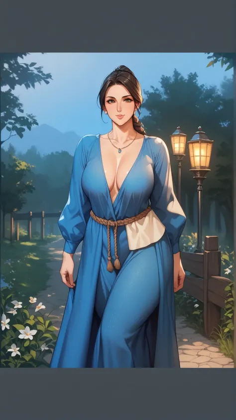 Sexy full body of medieval farmer, skimpy farmer clothes, european, brunette, dark hair, curvy, mature, large cleavage, thick thighs, mature face, long black hair, fancy ponytail, blank background, white background, Solo, 1girl, High Resolution, Looking at...