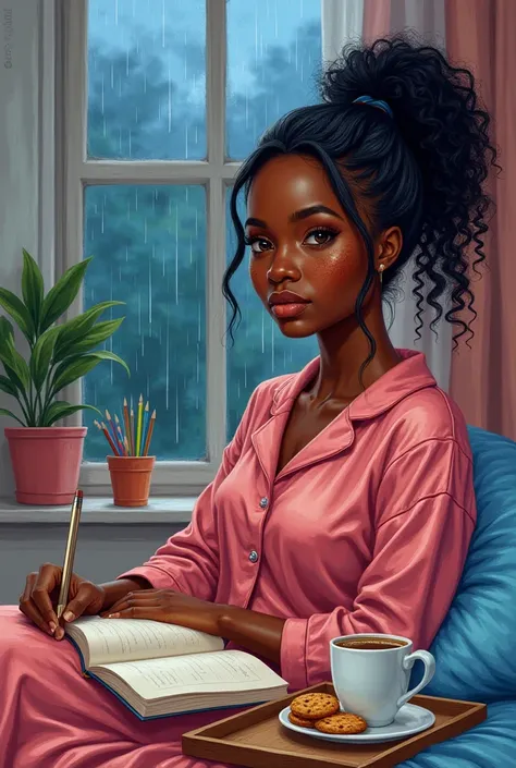 A vibrant glossy acrylic digital illustration of an African young woman drawn with colored pencils. Her eyes are brown, freckles on her face and her hair is black and tied in a ponytail. She is also wearing a beautiful pajamas. She is sitting in her bed wr...