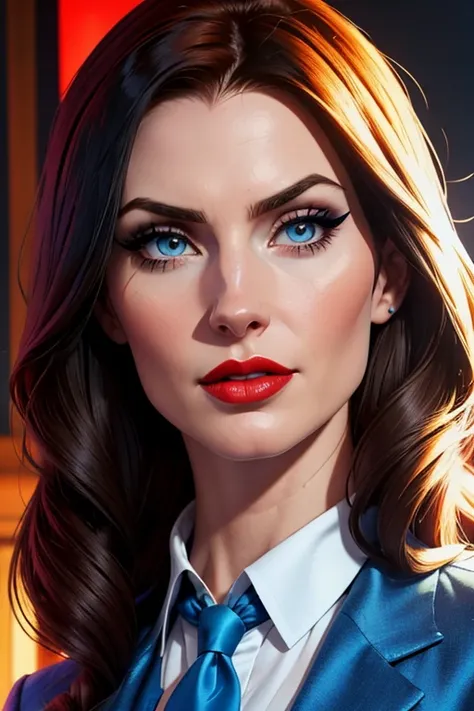 A beautiful woman whose facial features are a combo of Camryn Grimes + Felicia Day + Meghan Ory. The woman wears a blue business jacket over a white blouse and a gray skirt and black high heels. The woman has lovely makeup on her face. The woman wears red ...