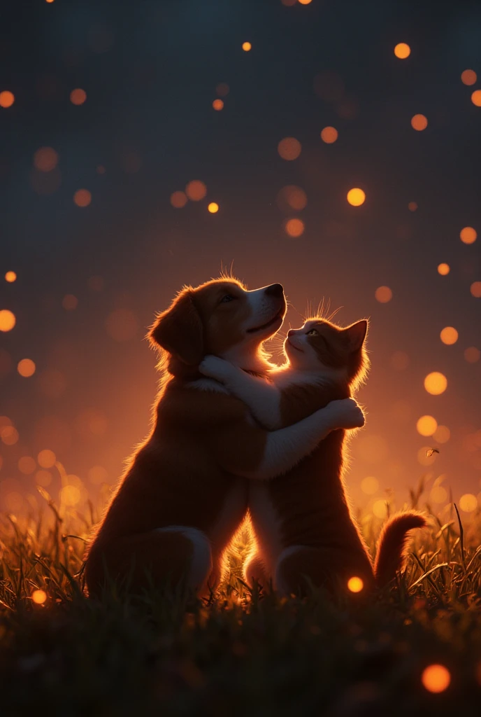 Realism, cowboy shot, negative space, Dog and cat hug each other, Warm embrace, On the morning I woke up to the cries of crystals , Orange fireflies , sparkle, cinematic lighting, glowing light, 8k, UHD, insanely detailed, super detail, best quality,  high...