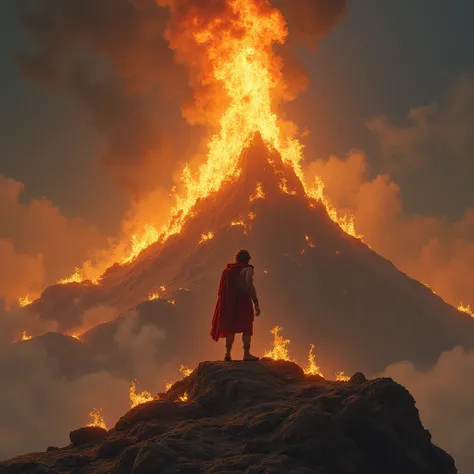 A towering pyre built atop Mount Oeta, flames licking the sky. Hercules, weak but resolute, climbs to the top, his lion’s pelt draped over his shoulders one last time. Above, the gods watch, waiting to decide his fate.