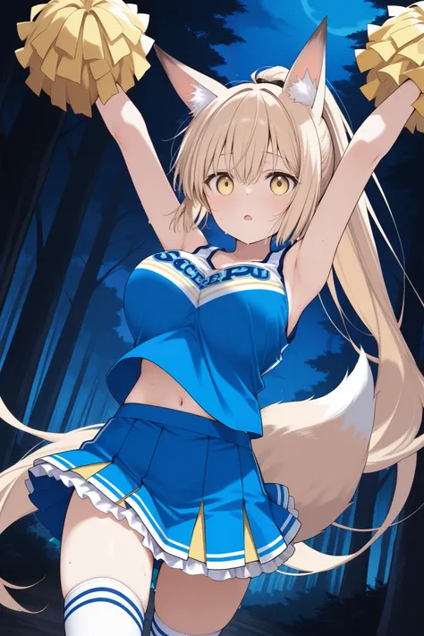 score_9, score_8_up, score_7_up, ((dim, deep shadows, forest, night)), looking at viewer, dutch angle, (solo, 1girl, blonde hair, yellow eyes,very long ponytail, fox ears, fox tail), large breasts, petite, (cheerleader, tank top, midriff peek, holding larg...