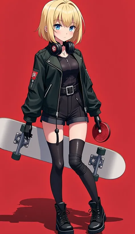 anime　 blonde　 short hair　 blue eyes　black long sleeve leather jacket　 black buckle 　 black leather gloves on hands 　 black short boots　 black short socks 　 thigh decoration on both thighs 　 black knee brace on the knee 　 big breasts　black headphone around...