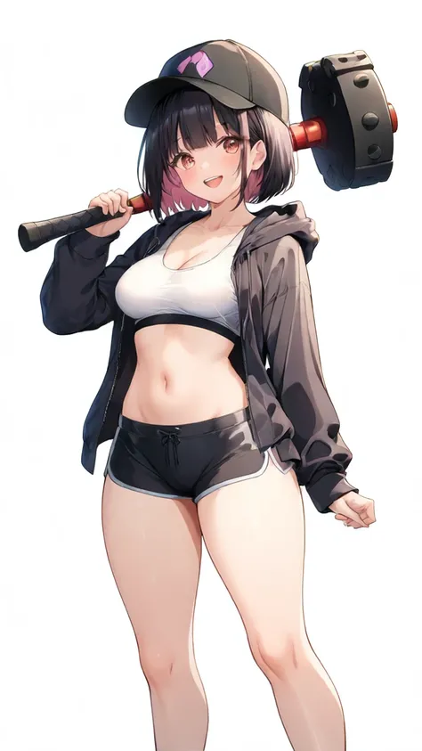 solo, ( ), ( Masterpiece),  ( anatomically correct from toe to head),  bob cut hair, ( Black and Peach Gradation Colored Hair:1.2), Thick thighs,  Fuzzy Purple Hoodie ,  white sports bra,  black spats, ( white background),  standing picture,  and laugh,  B...