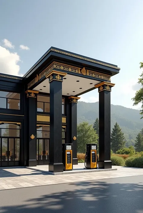 Two-column gas station named Royal Neft, classical, black white with shades of yellow 