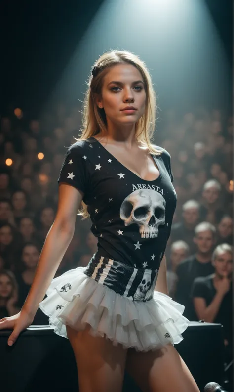 score_9, score_8_up, score_7_up, score_6_up, photorealistic, Avril Lavigne, rock star, skull print t-shirt, cleavage, tutu, posing, on stage, funny, looking at viewer, spotlight, concert, depth of field