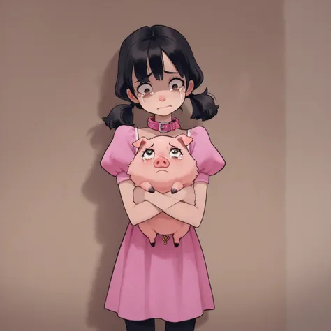 (pixar style) A cute (age 5, pig tails, sad, tears in eyes, pink dress with puffy sleeves and skirt, big sad eyes) is walking while holding her big fluffy cat (black and white, pink collar, trying to be patient) in a warm embrace, holding it under the fron...