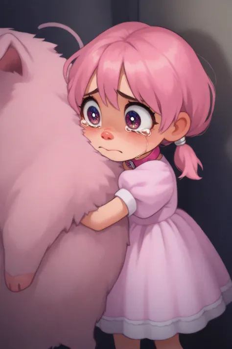 (pixar style) A cute (age 5, pig tails, sad, tears in eyes, pink dress with puffy sleeves and skirt, big sad eyes) is walking while holding her big fluffy cat (black and white, pink collar, trying to be patient) in a warm embrace, holding it under the fron...