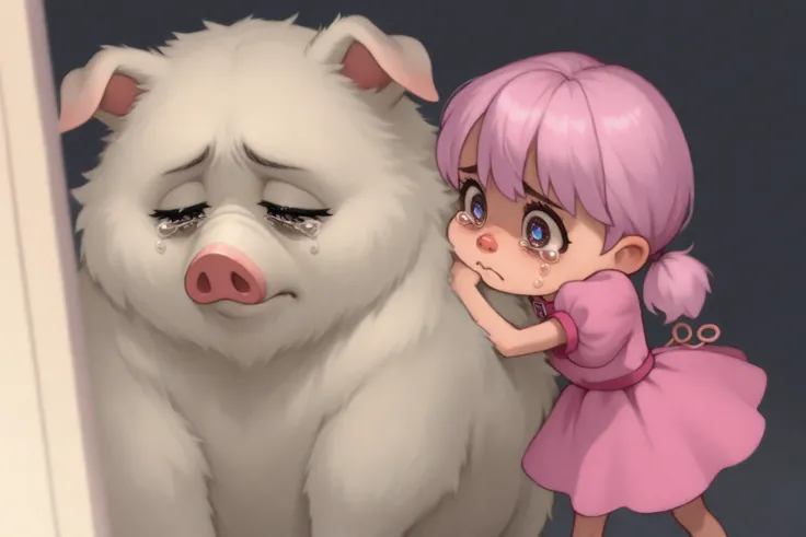 (pixar style) A cute (age 5, pig tails, sad, tears in eyes, pink dress with puffy sleeves and skirt, big sad eyes) is walking while holding her big fluffy cat (black and white, pink collar, trying to be patient) in a warm embrace, holding it under the fron...