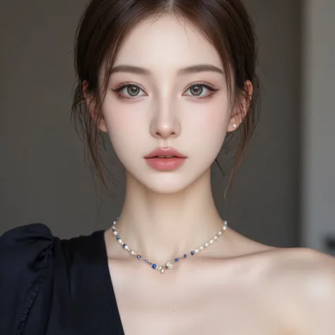 Ultra-fine， HD，Portrait of an extremely beautiful woman， facial portrait ，Clear skin texture，Double eyelids， big eyes，The left eyebrow is the same as the right eyebrow，((( with pearl earrings ， sapphire necklace ：1.5)))，(( front view))，Facial highlights，Po...